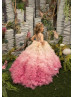 Beaded Ivory Lace Pink Tulle Ruffle Flower Girl Dress